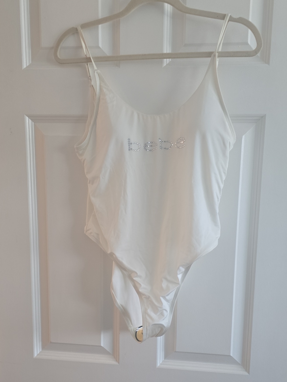 bebe White Rhinestone Logo Bodysuit Swimsuit